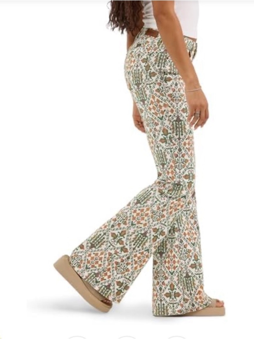 Wrangler Printed Flare Pants in Green & Tan Western, Festival